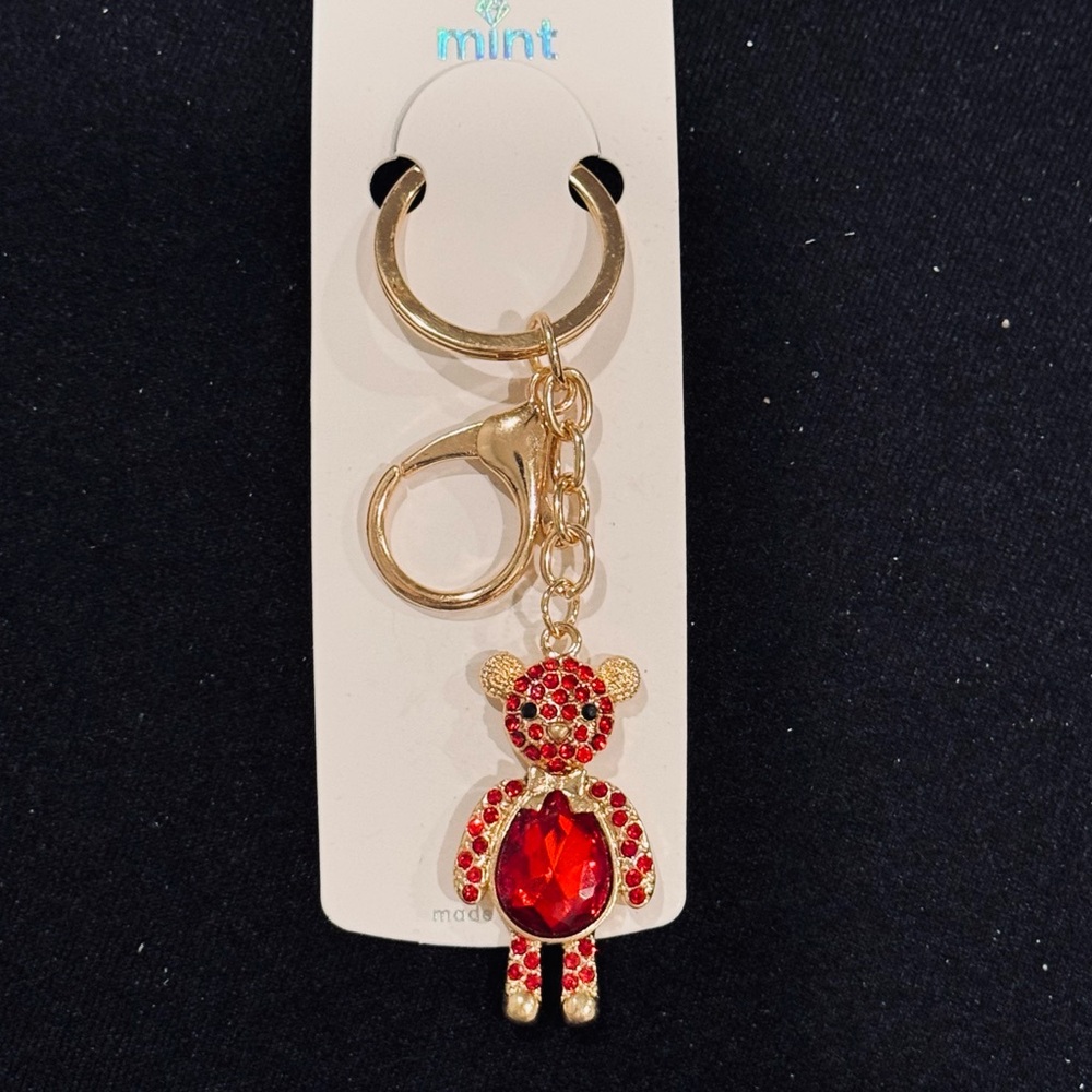 Mint Gold and Red Sparkling Big Belly Crystal Bear Keychain